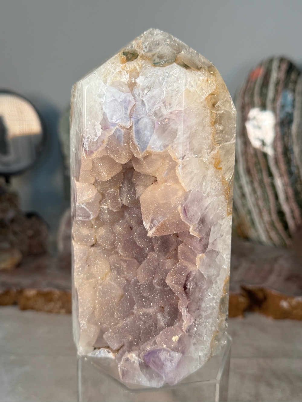 Sugar Druzy Amethyst Agate Tower – 6.5” Natural Crystal Tower | Druzy Sparkle | - Picture 6 of 15